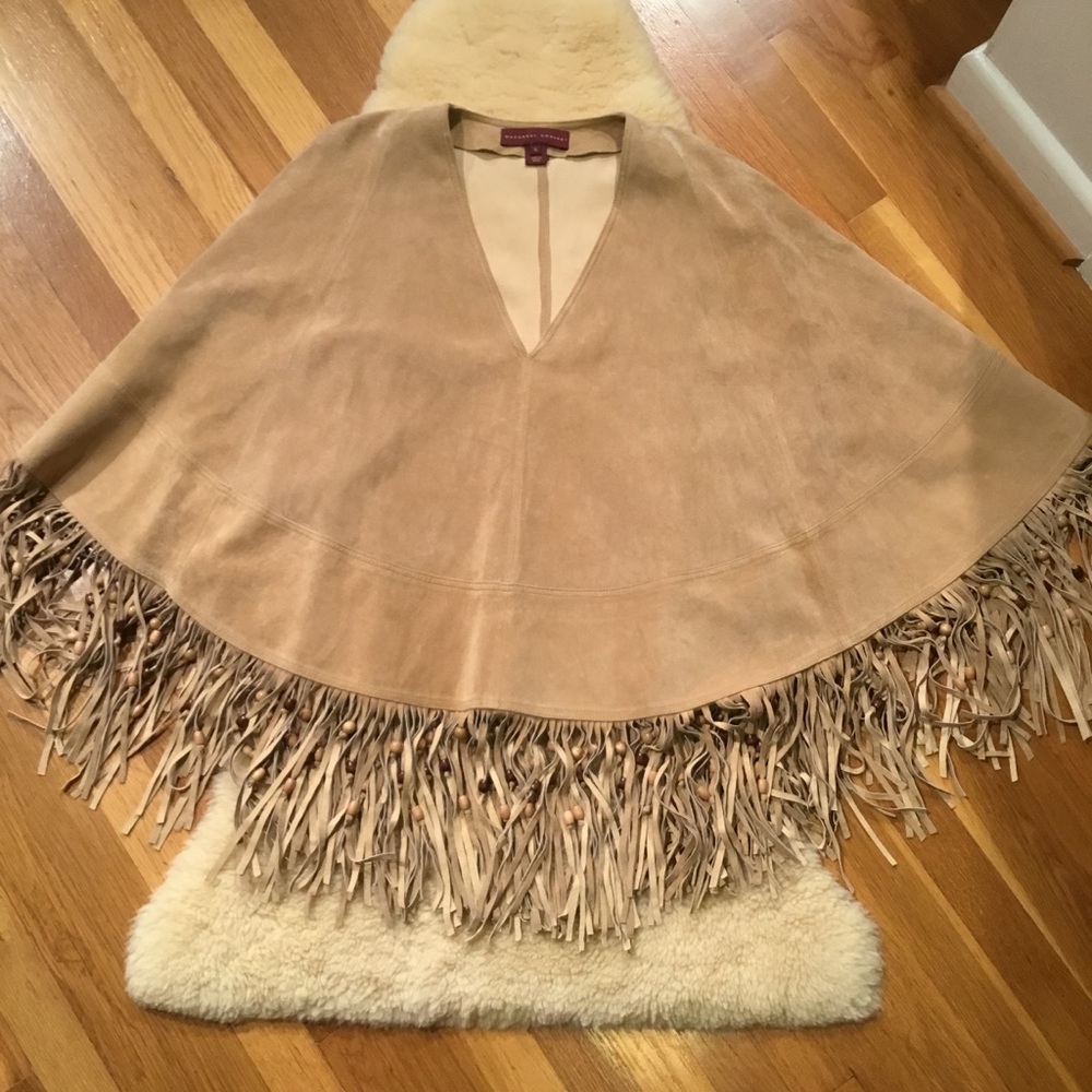 Margaret Godfrey tan suede beaded fringe poncho